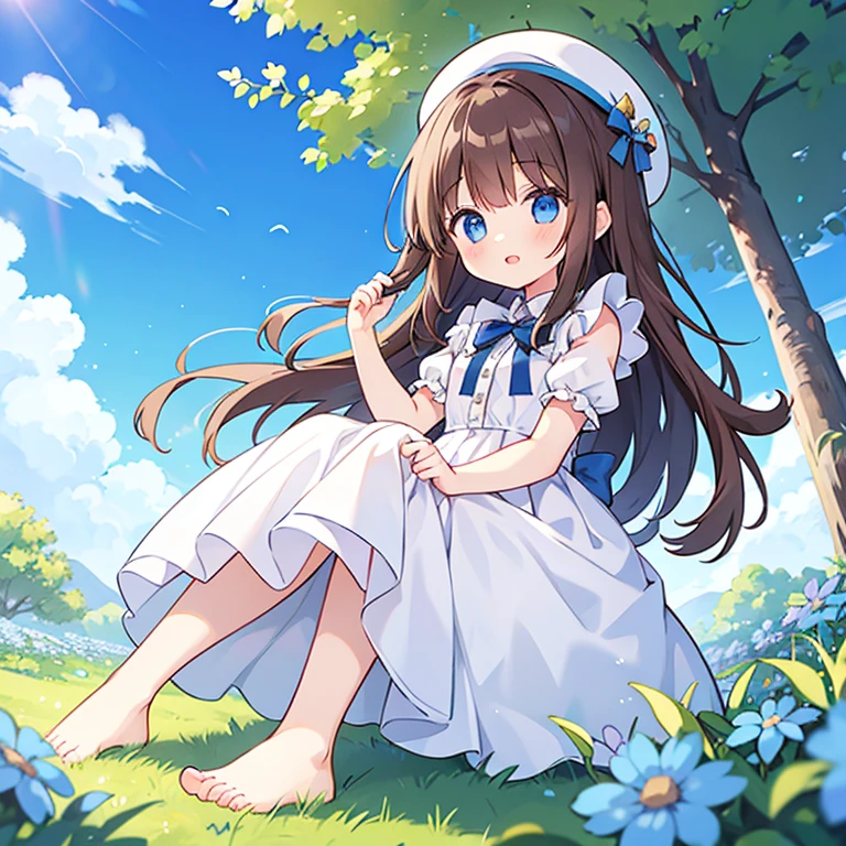 1 girl, white frill dress, blue flower field, sunlight, blue sky, summer, white beret, brown hair, blue eyes, princess long hair, short height, she sits barefoot on flowers,