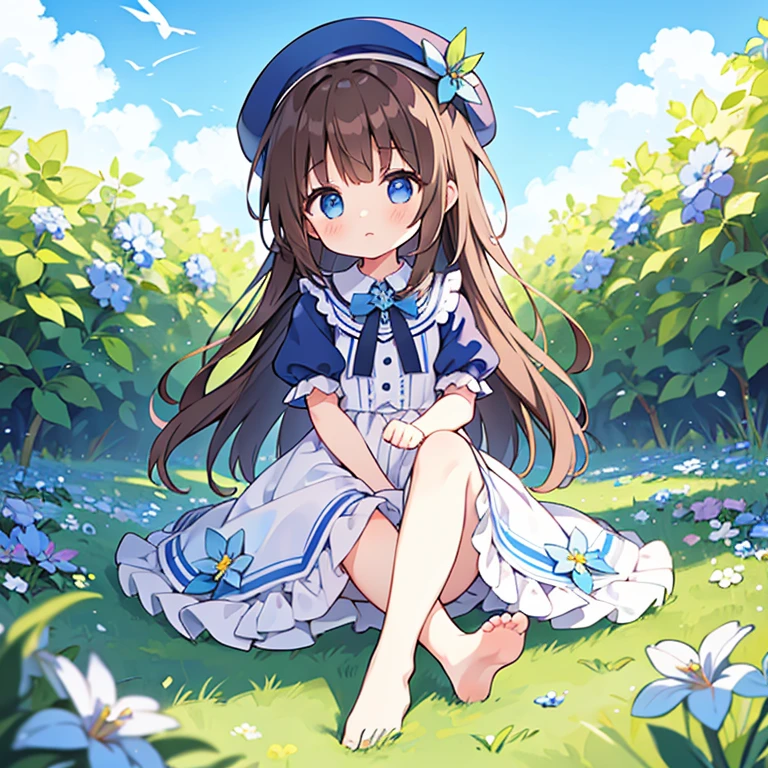 1 girl, white frill dress, blue flower field, sunlight, blue sky, summer, white beret, brown hair, blue eyes, princess long hair, short height, she sits barefoot on flowers,