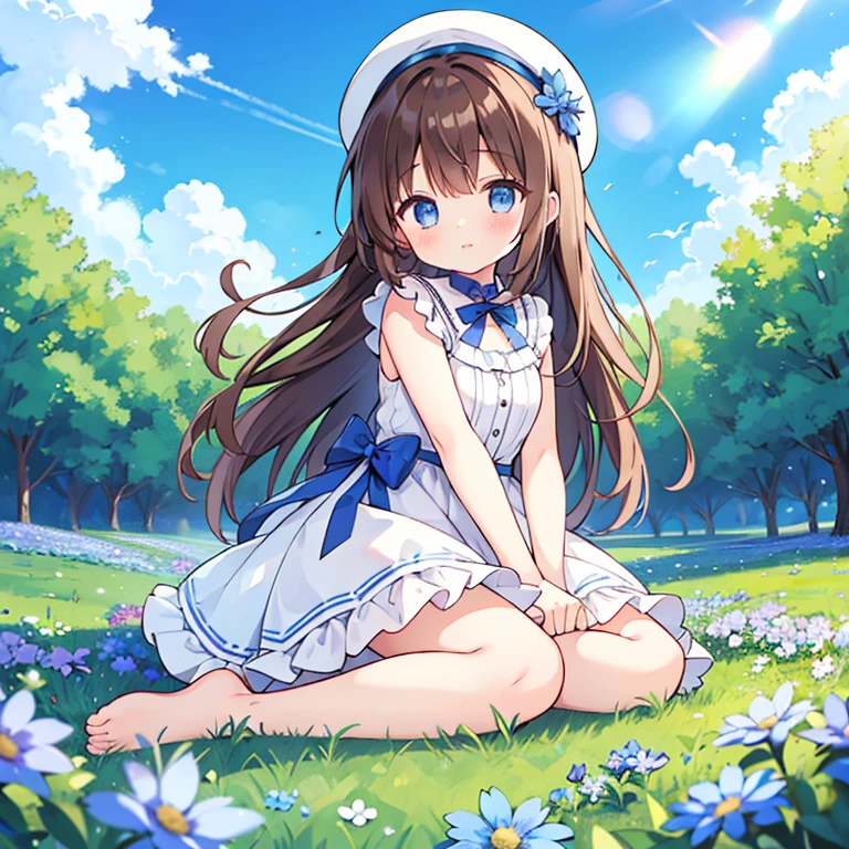 1 girl, white frill dress, blue flower field, sunlight, blue sky, summer, white beret, brown hair, blue eyes, princess long hair, short height, she sits barefoot on flowers,