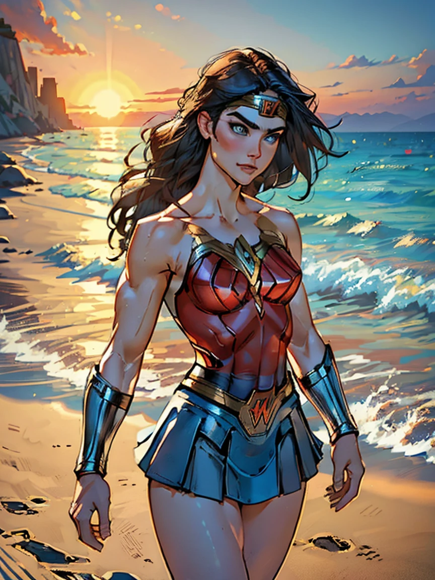 Masterpiece, Jennifer Connelly, cowboy shot, wearing a sexy Wonder Woman leotard, small Wonder Woman skirt, perfect detailed eyes, delicate smile on your face, on a windy and sunny beach with palms and a tranquil sea on the horizon.