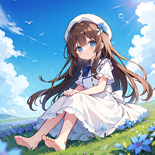 1 girl, white frill dress, blue flower field, sunlight, blue sky, summer, white beret, brown hair, blue eyes, princess long hair, short height, she sits barefoot on flowers,