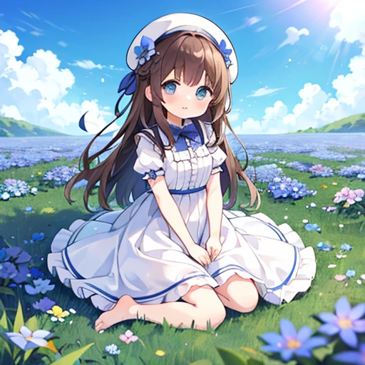 1 girl, white frill dress, blue flower field, sunlight, blue sky, summer, white beret, brown hair, blue eyes, princess long hair, short height, she sits barefoot on flowers,