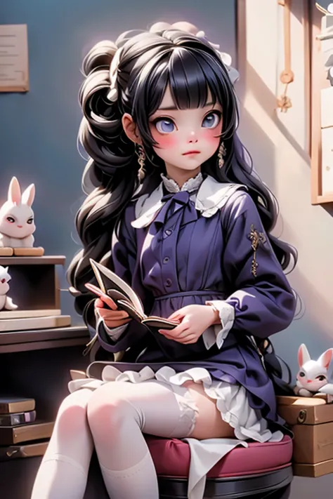 a cute girl looking (disgusted) a sad book, wearing a purple dress, white thighhighs, purple pumps, 