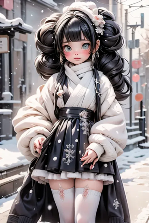 a cute girl under the snowing, upset, ((disgusted look)), thighhighs, pumps