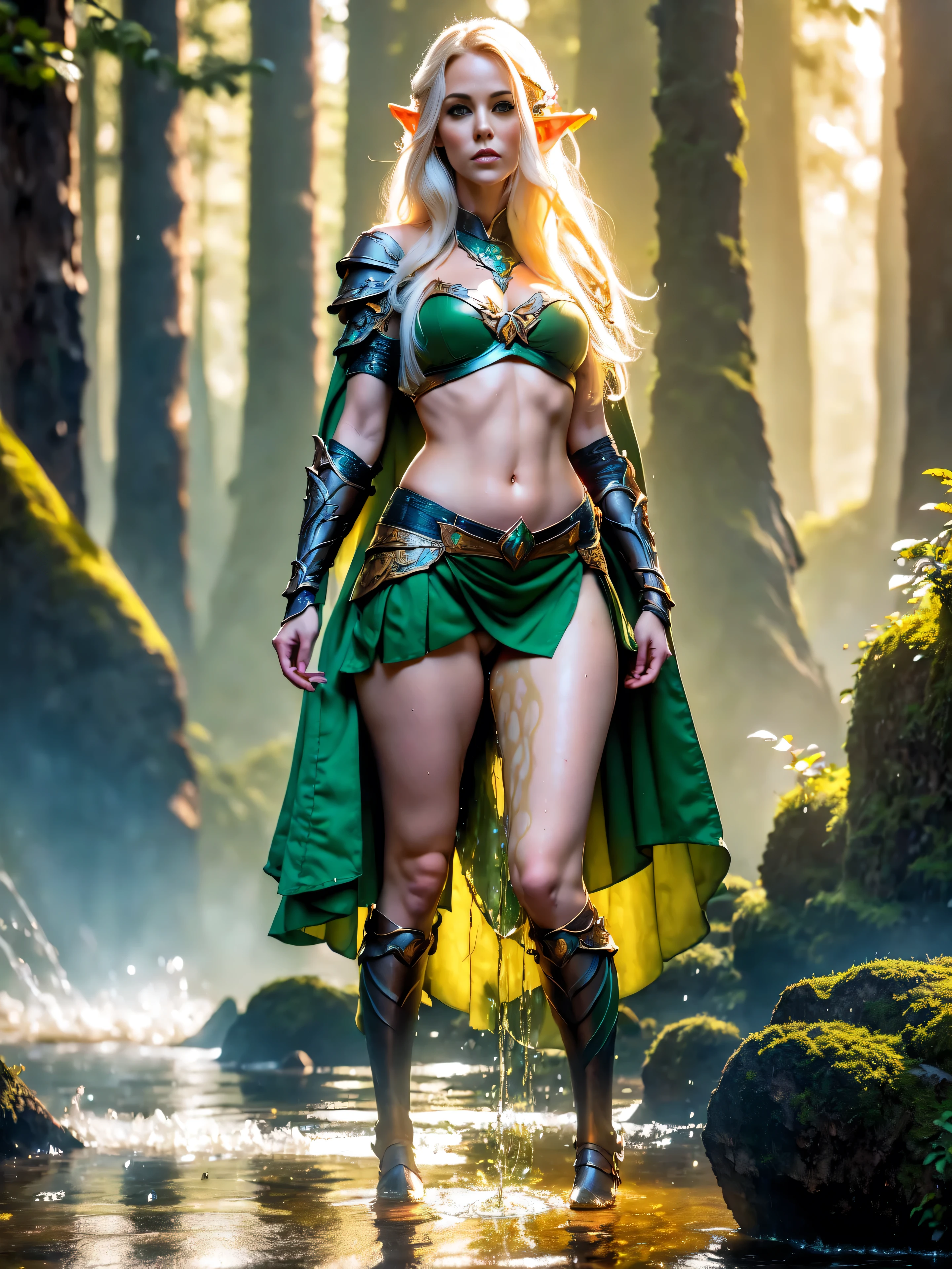 (masterpiece, clean, 8K, high res), pov, from front, full body portrait of a beautiful woman, extremely detailed face, slender body, narrow waist, bright golden hair, small breasts,  wearing intricate green and white armor, (chest armor) , elven torso armor, (green mini skirt), belt, cape, tiara,  , (legs apart), (showing panties:1.1)、(lifted skirt:1.2) , (white panties:1.3),  (standing on a rock: 1.2)、(peeing self:1.3 ), (pee running down legs), wet panties, wet pants, wet. skirt, (pee spray falling between legs:1.1), (pee puddle:0.5 ), (droplets of yellow liquid on thighs and panties:1.3 ), (stream of yellow liquid falling between legs starting at subject crouch) , (super beautiful)、(beautiful face:1.5), sunset lighting, deep shadows, (mountain forest background) ,  an elven ranger with no bladder control 