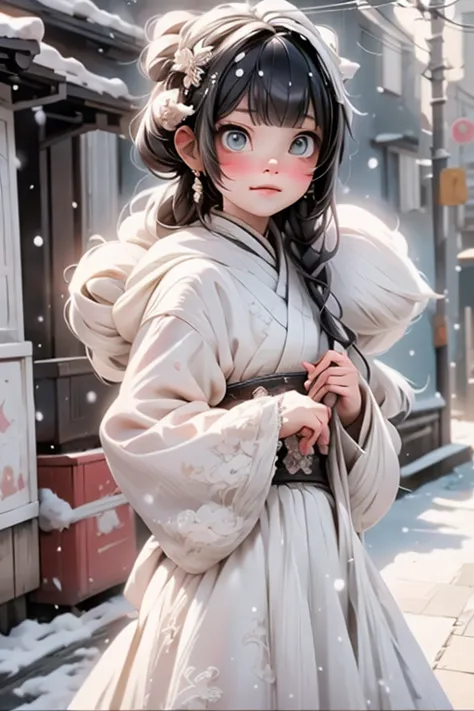 a cute girl stumbling, ((disgusted look)), snowing