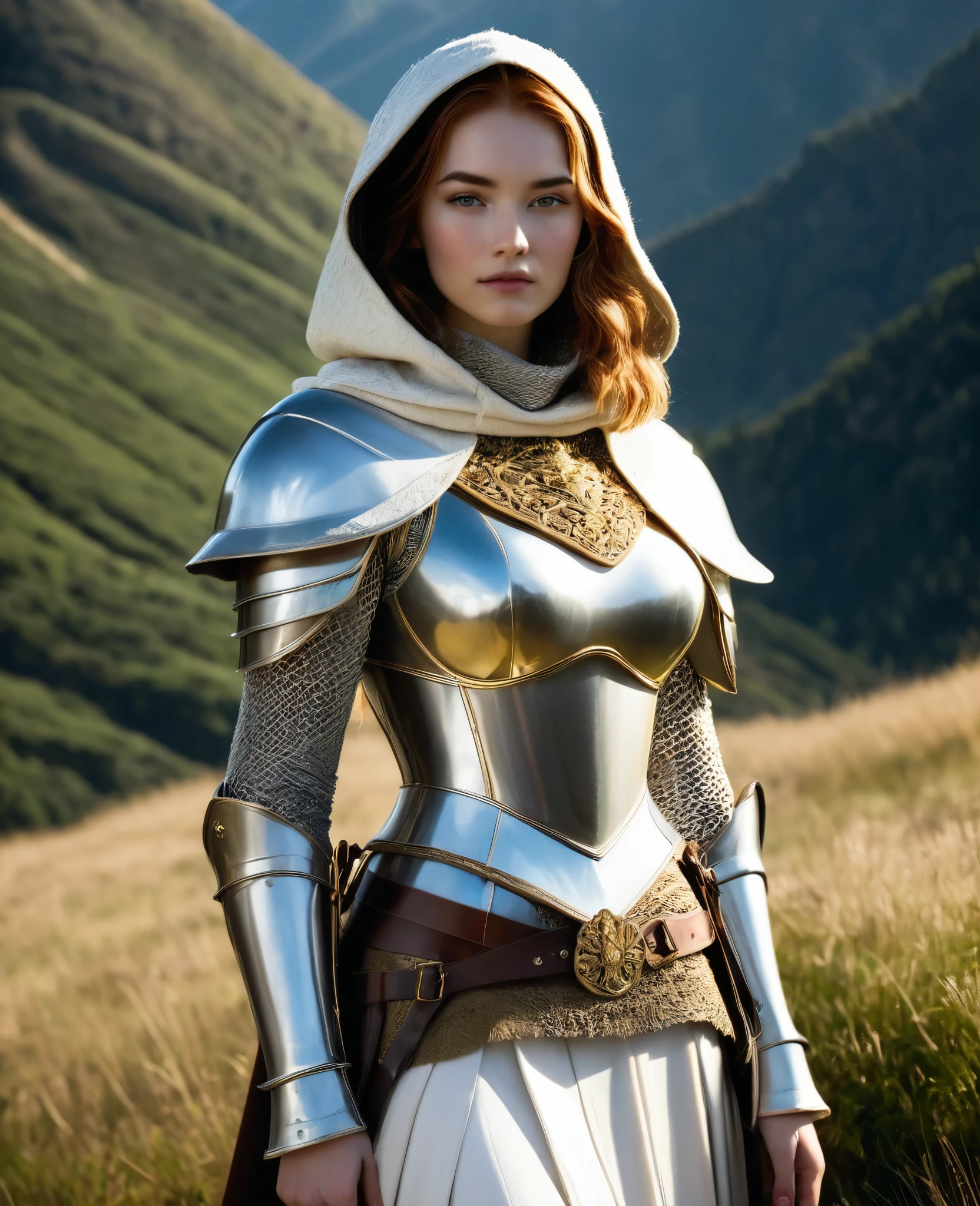 (masterpiece, top quality, best quality, beautiful and aesthetic:1.2), (1girl:1.3), light freckles, fair skin, extremely detailed, portrait, looking at viewer, solo, (full body:0.6), detailed background, close up, (warm grasslands theme:1.1), holy paladin knight, charlatan, smirk, mysterious, swaying in mountains, sensual attire, ((((ornate white and gold metal plate armor)))), wimple, boob armor, cowl, robe, chain mail, chainmail, leggings, chainmail leggings, chain mail leggings, breastplate, tabard, gorget, hood, pauldrons, greaves, armored, long boots, longsword, shield, cape, cloak, pearlescent metal, white fabric, pale leather, ((((gigantic breasts)))), slim waist, slim hips, long legs, medieval (mountain exterior:1.1) background, dark mysterious lighting, shadows, magical atmosphere, dutch angle,