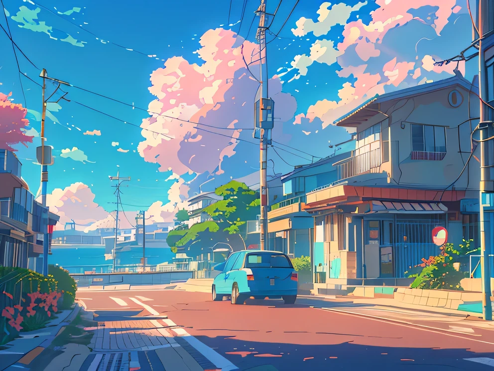 anime scenery of a car driving down a street with a building and a beach in the background, anime background art, summer street near a beach, beautiful anime scenery, anime scenery, anime background, anime style 4 k, 4 k manga wallpaper, anime landscape wallpaper, lofi artstyle, beautiful anime scene, anime landscape, anime art wallpaper 4k