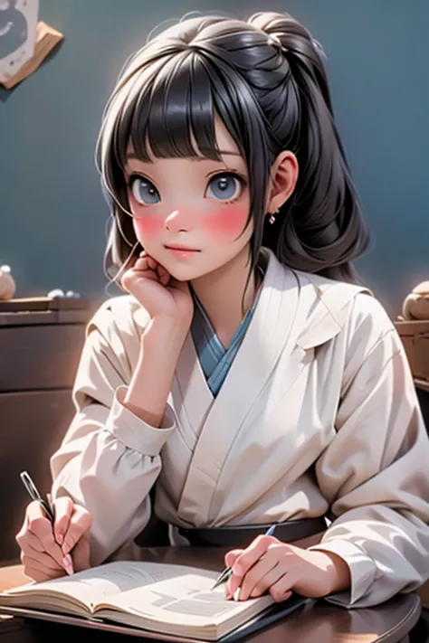 a cute schoolgirl doing homework, ((disgusted look)), schoolgirl uniform