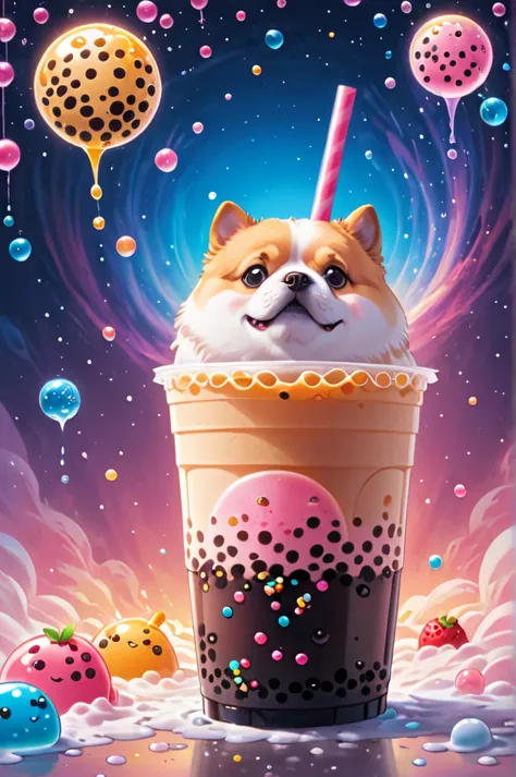 Cosmic Canvas,perfection, clean, masterpiece, Professional artwork, Famous works of art, fat dog drawing, (bubble tea background...