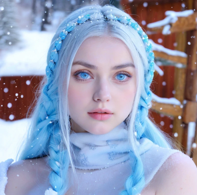 สาวสวย, ดวงตาสีฟ้า, ผมขาว, ลักษณะใบหน้าโดยละเอียด, ชุดสตรีเติร์กประจำชาติ, หน้าอกเปลือย, ยูร์ตะอยู่ข้างหลัง, หิมะกำลังตก