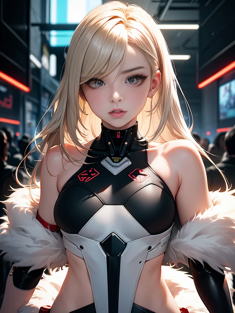 optimal，masterpiece，High resolution，Best quality，Ultra HD，Super Detail，The award-winning，16K，solo，（Upper part of the body），Anatomically correct，Beautiful cyberpunk girl，cute face，，Beige Gradient Hair，hairline，（（Scarlet eyes）），Long eyelashes，Drooping corners of the eyes，White skin，（Kobayashi body），（（Women&#39;s ultra short shawl leather jacket）），（（Racing_Set）），（（Front high back low_long skirt）），Earrings，（Neck Ring），（Laser material clothing：1.2）