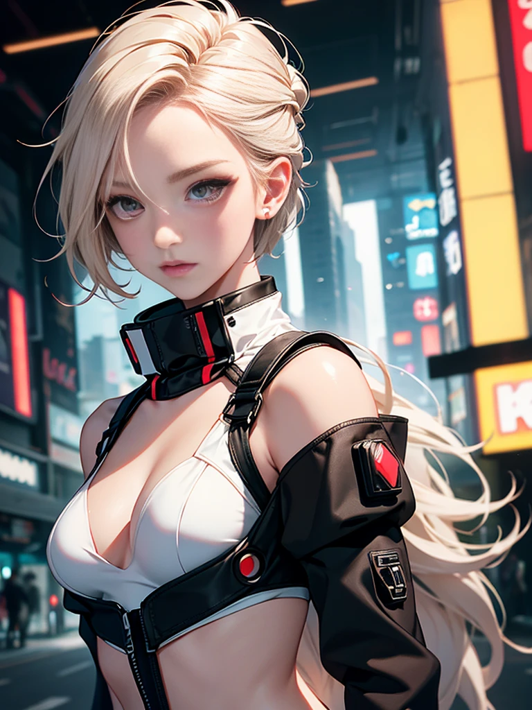 optimal，masterpiece，High resolution，Best quality，Ultra HD，Super Detail，The award-winning，16K，solo，（Upper part of the body），Anatomically correct，Beautiful cyberpunk girl，cute face，，Beige Gradient Hair，hairline，（（Scarlet eyes）），Long eyelashes，Drooping corners of the eyes，White skin，（Kobayashi body），（（Women&#39;s ultra short shawl leather jacket）），（（Racing_Set）），（（Front high back low_long skirt）），Earrings，（Neck Ring），（Laser material clothing：1.2）