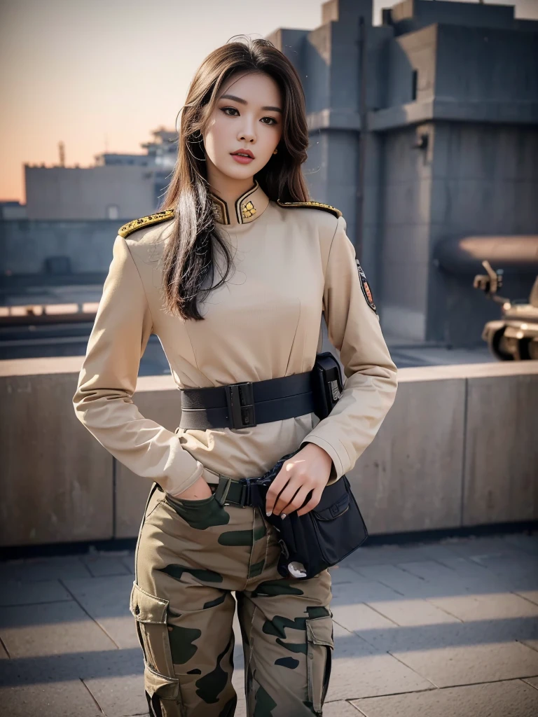 Fashion female model 1 ，He has a submachine gun in his hand，The firelight illuminated her face，，Divine eye，Sexy lips，high nose，Human Development Report，girl，(((沙漠迷彩uniform)))，uniform，Military belt，Tactical camouflage pants，Delicate face，Sexy highlighted，，Breast augmentation，Buttocks fat，The background is the Middle East battlefield，Smoke，Fire rushed into the sky，combustion，City ruins，4K Ultra HD, Ultra-high resolution, (lifelike: 1.4), best quality，masterpiece，Professional photography。