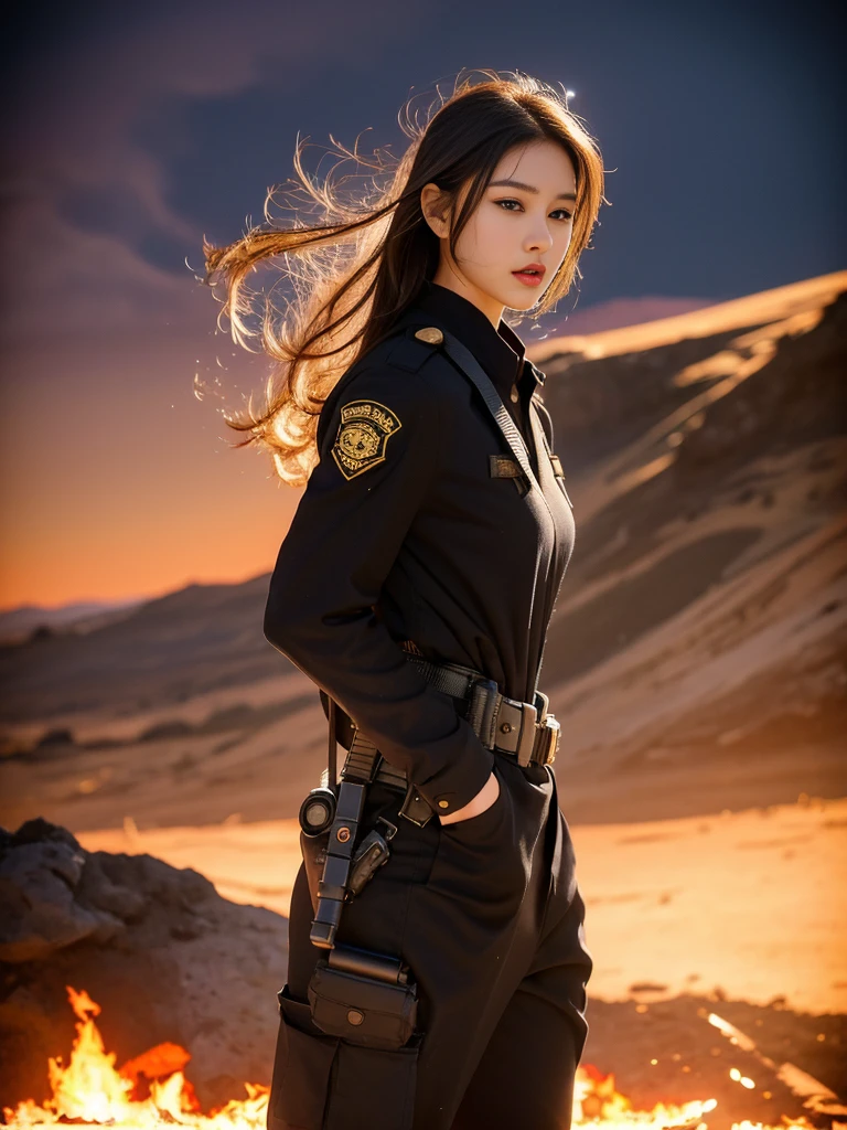 Fashion female model 1 ，He has a submachine gun in his hand，The firelight illuminated her face，，Divine eye，Sexy lips，high nose，Human Development Report，girl，(((沙漠迷彩uniform)))，uniform，Military belt，Tactical camouflage pants，Delicate face，Sexy highlighted，，Breast augmentation，Buttocks fat，The background is the Middle East battlefield，Smoke，Fire rushed into the sky，combustion，City ruins，4K Ultra HD, Ultra-high resolution, (lifelike: 1.4), best quality，masterpiece，Professional photography。