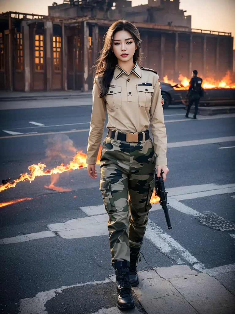 Modelo de moda femenina 1 ，Tiene una metralleta en la mano.，La luz del fuego iluminó su rostro.，，ojo divino，labios sexys，Nariz alta，informe de desarrollo humano，chica，(((Uniforme de camuflaje del desierto)))，Uniform，Cinturón militar，Pantalones de camuflaje táctico，cara delicada，sexy resaltada，，Aumento de senos，nalgas gordas，El fondo es el campo de batalla de Oriente Medio.，fumar，El fuego se precipitó hacia el cielo，combustion，ruinas de la ciudad，4K Ultra HD, Resolución ultraalta, (natural: 1.4), mejor calidad，obra maestra，fotografía profesional。