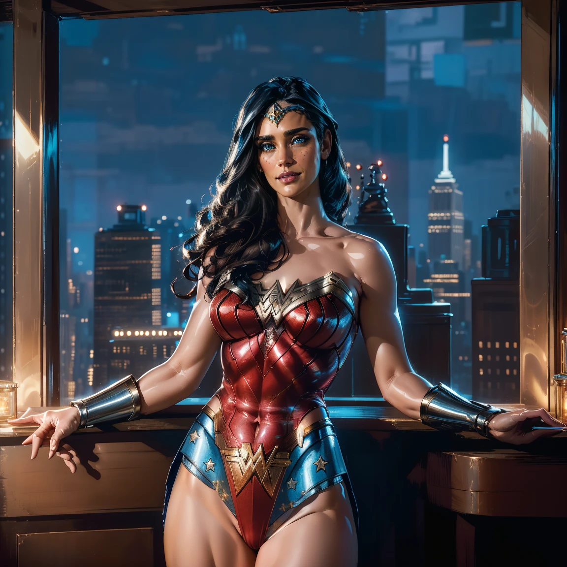 Masterpiece, Jennifer Connelly, cowboy shot, wearing sexy Wonder Woman leotard, smaller Wonder Woman skirt, perfect detailed eyes, on the top of a loft in New York City at nigth with buildings and lights in the background bringing an elegant and modern air to the scene, delicate smile on your face.