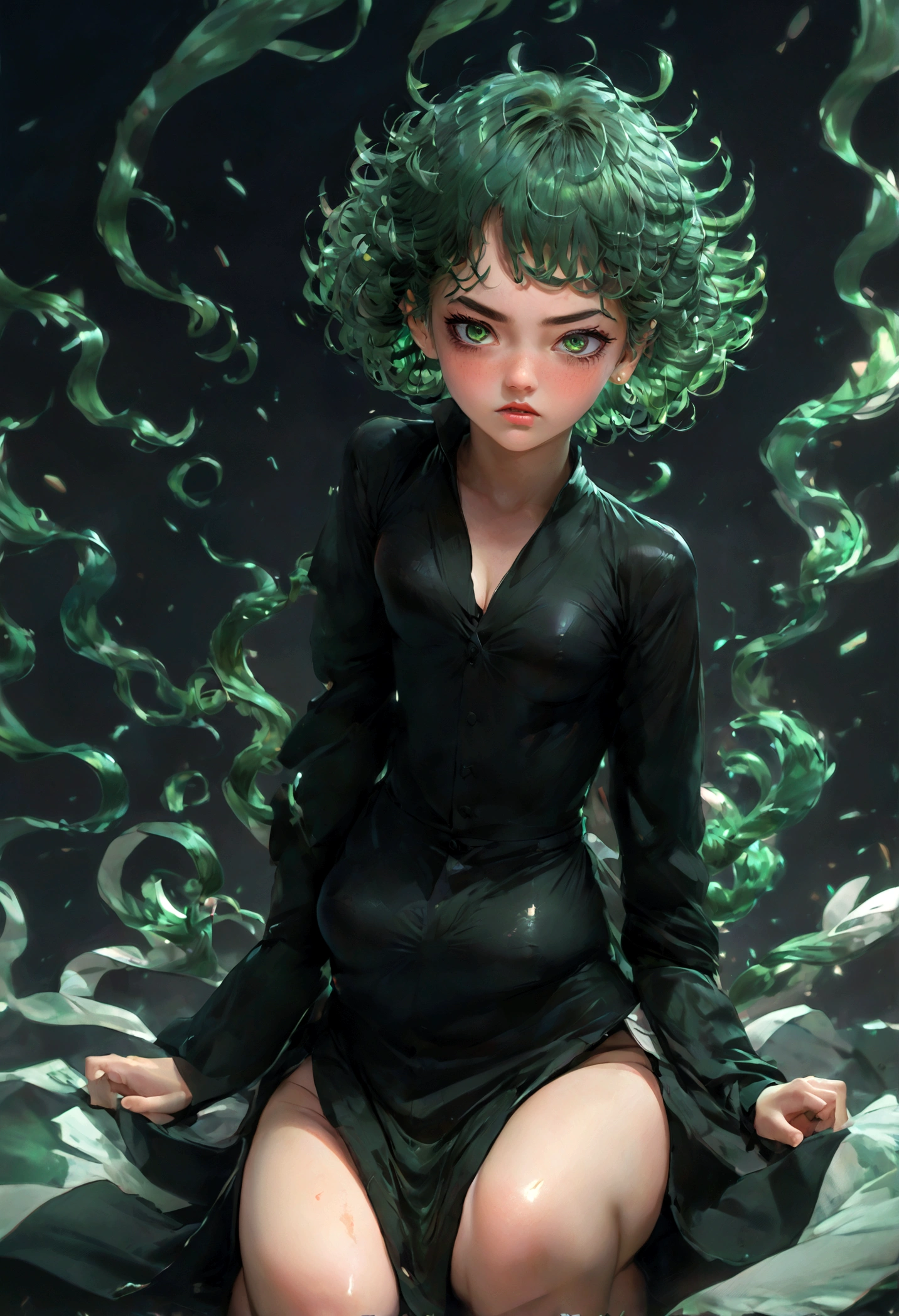 1girl, tatsumaki, green hair, green eyes, black dress, short hair, curly hair, thighs, (Disgusted face), looking at viewer, contempt, shaded, frown, dramatic composition, cinematic dynamic action scene, vibrant colors, cinematic lighting, dramatic lighting, best quality, masterpiece, very aesthetic, perfect composition, intricate details, ultra-detailed