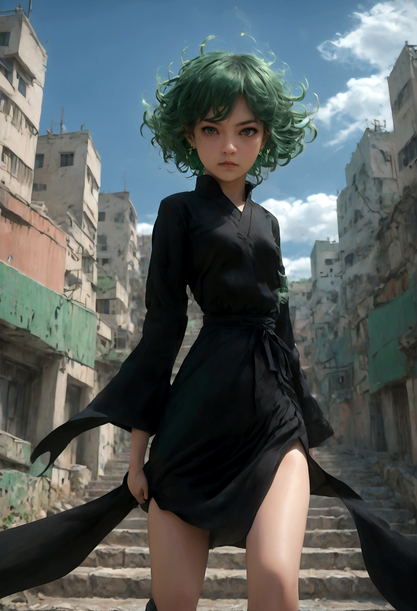 1girl, tatsumaki, green hair, green eyes, black dress, short hair, curly hair, thighs, (Disgusted face), looking at viewer, contempt, shaded, frown, dramatic composition, cinematic dynamic action scene, vibrant colors, cinematic lighting, dramatic lighting, best quality, masterpiece, very aesthetic, perfect composition, intricate details, ultra-detailed