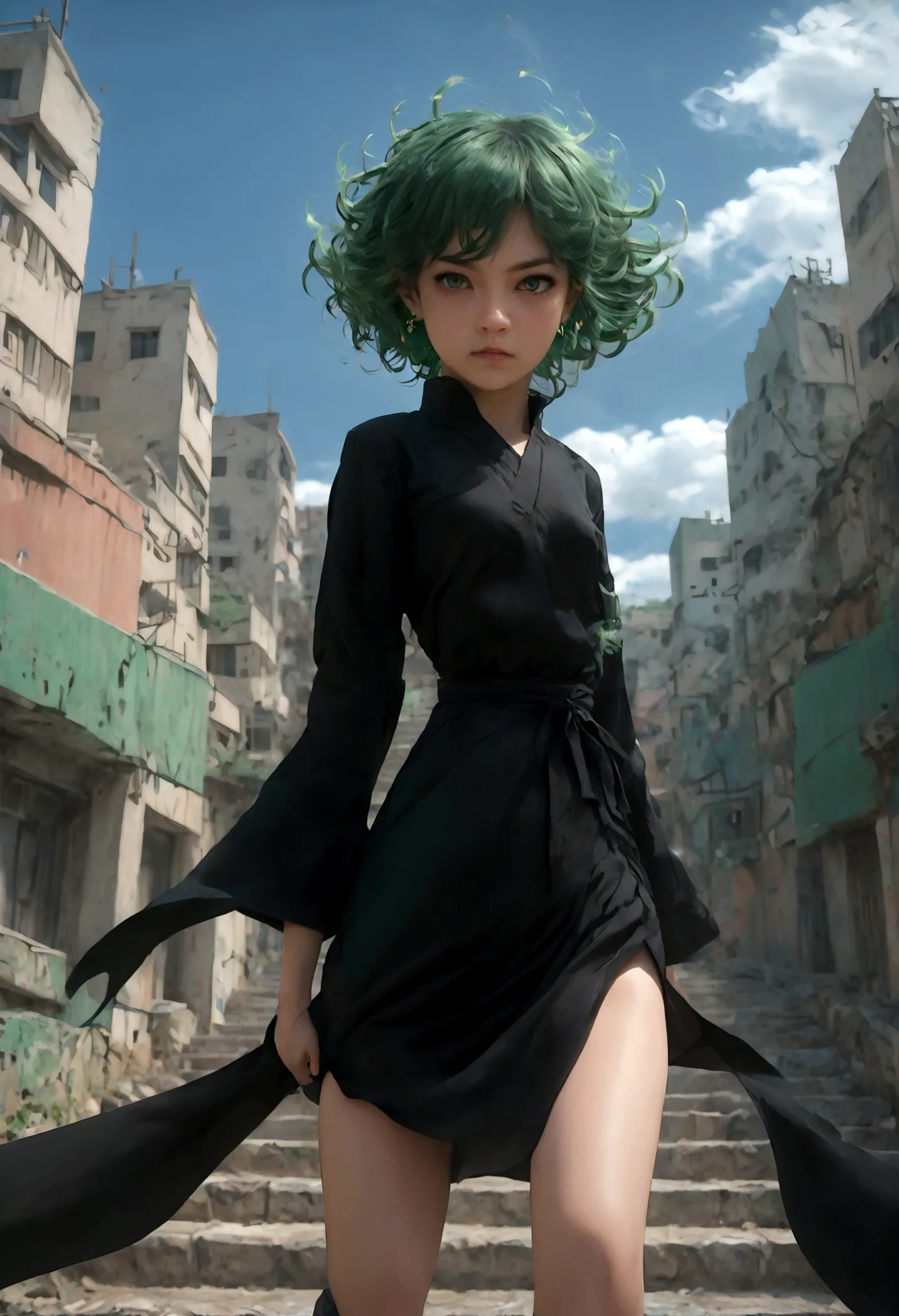 1girl, tatsumaki, green hair, green eyes, black dress, short hair, curly hair, thighs, (disgusted face), looking at viewer, cont...