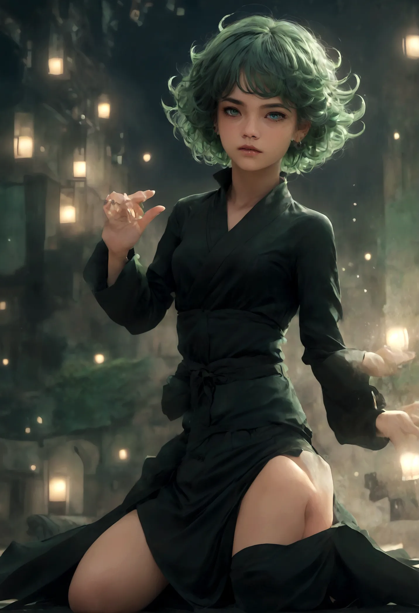 1girl, tatsumaki, green hair, green eyes, black dress, short hair, curly hair, thighs, (disgusted face), looking at viewer, cont...