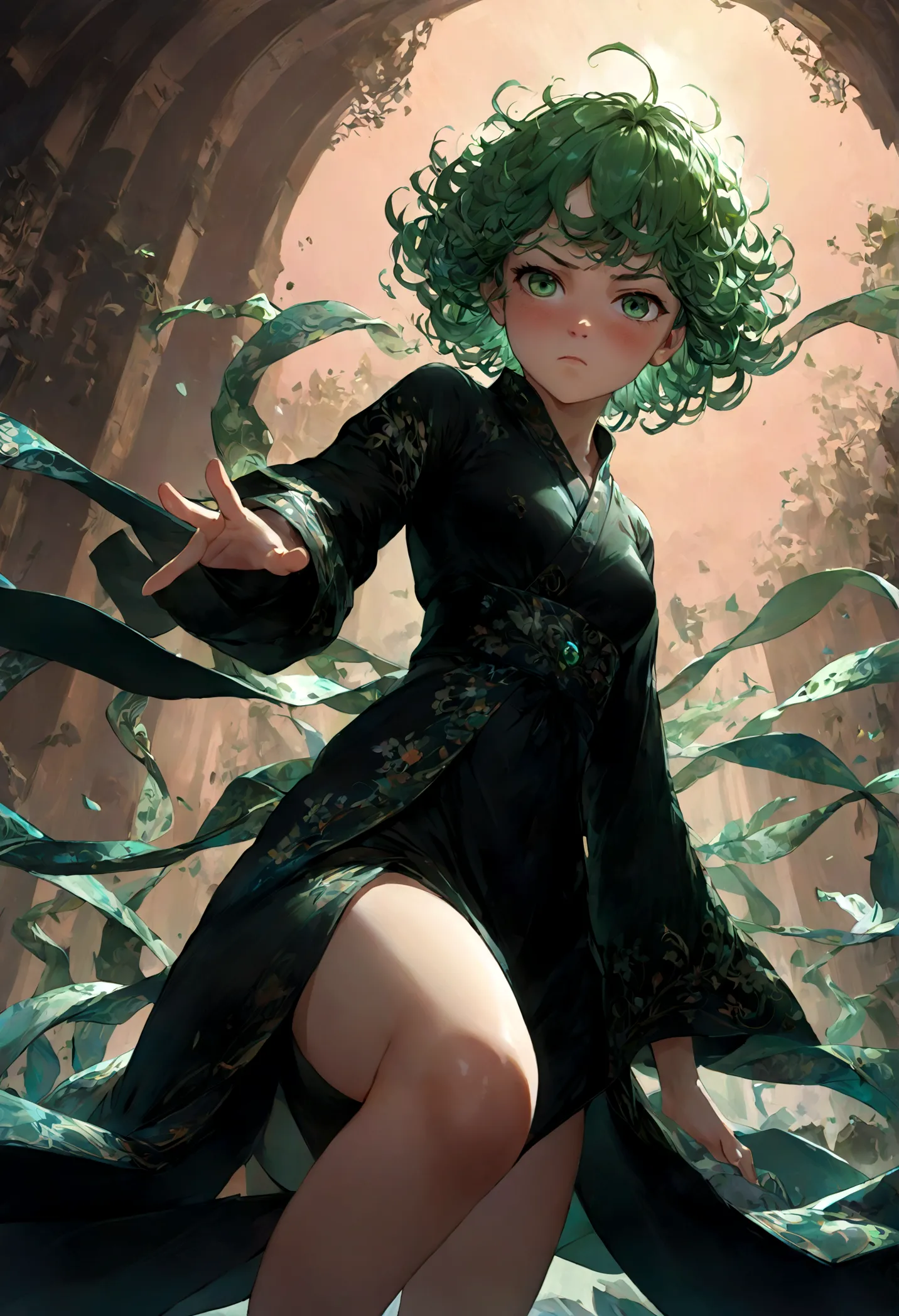 1girl, tatsumaki, green hair, green eyes, black dress, short hair, curly hair, thighs, (disgusted face), looking at viewer, cont...