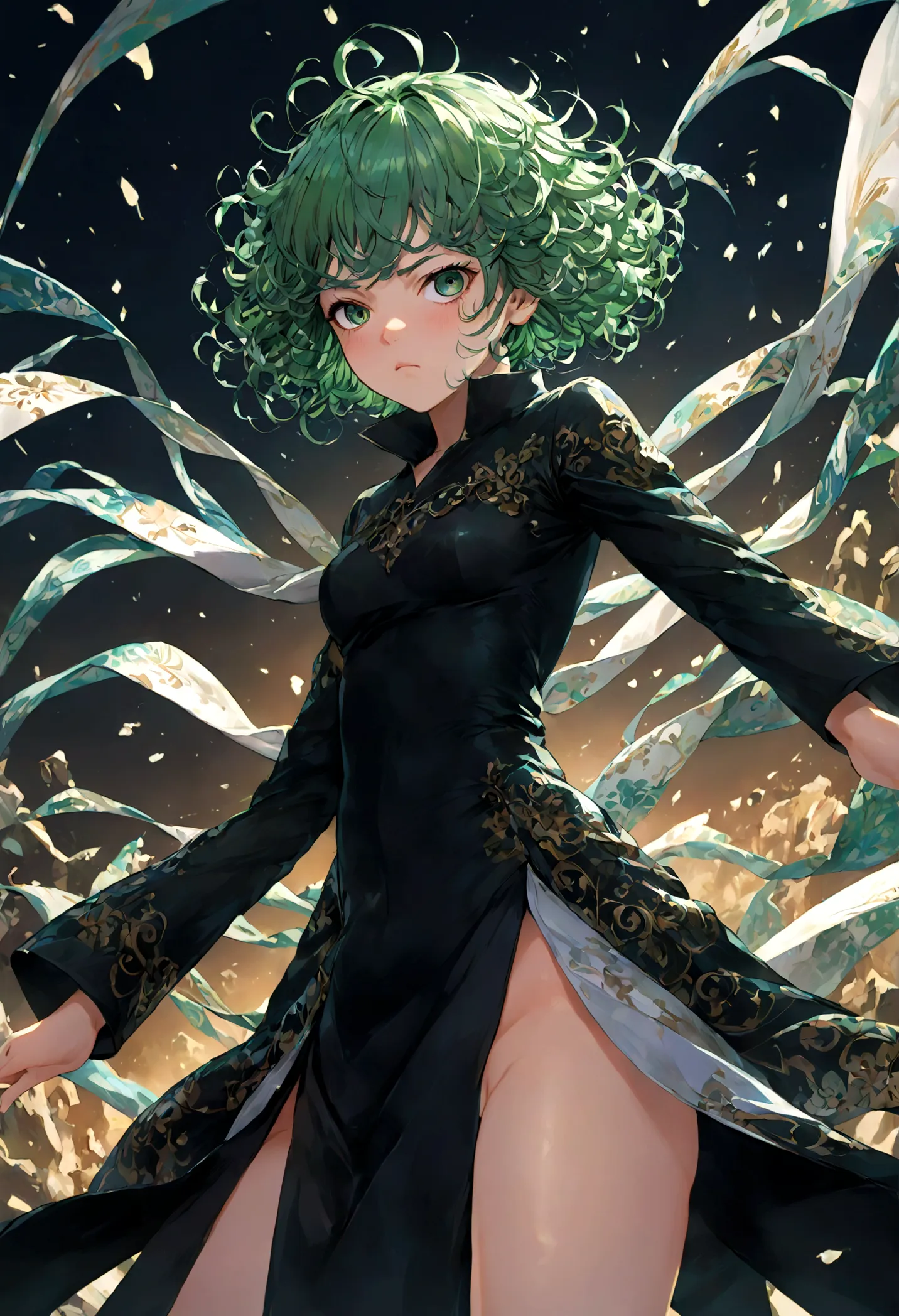 1girl, tatsumaki, green hair, green eyes, black dress, short hair, curly hair, thighs, (disgusted face), looking at viewer, cont...