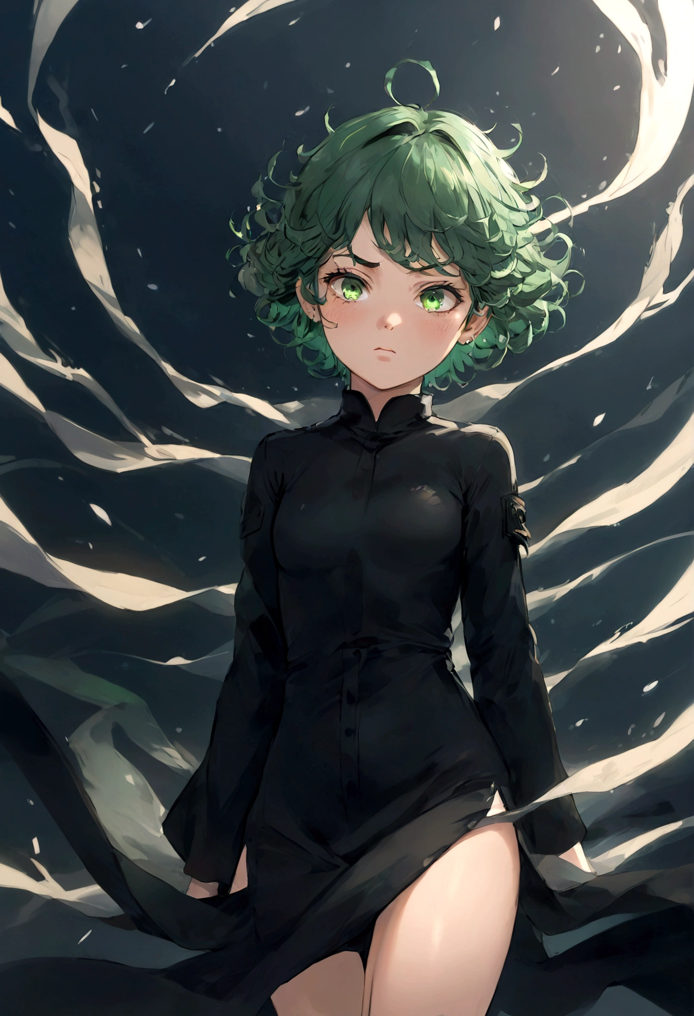 1girl, tatsumaki, green hair, green eyes, black dress, short hair, curly hair, thighs, (Disgusted face), looking at viewer, contempt, shaded, frown, dramatic composition, cinematic dynamic action scene, vibrant colors, cinematic lighting, dramatic lighting, best quality, masterpiece, very aesthetic, perfect composition, intricate details, ultra-detailed