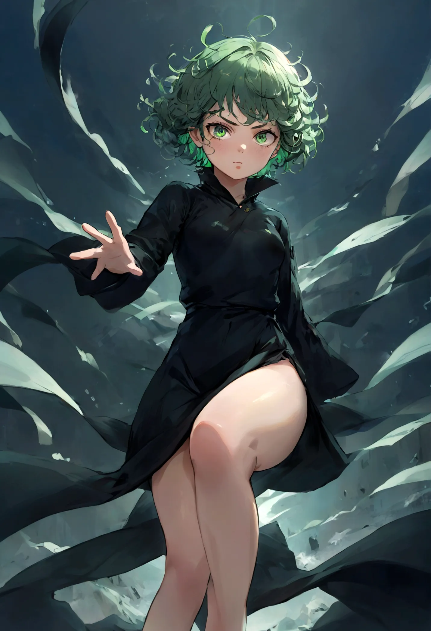 1girl, tatsumaki, green hair, green eyes, black dress, short hair, curly hair, thighs, (disgusted face), looking at viewer, cont...