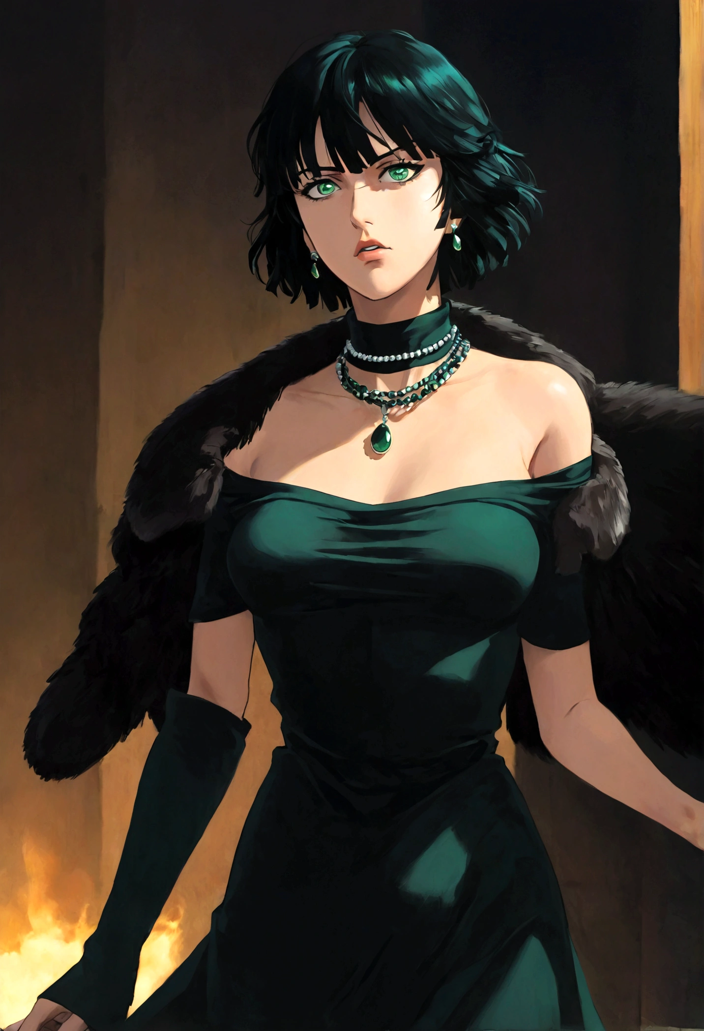 1girl, fubuki, black hair, green eyes, short hair, black dress, fur coat, high collar, jewelry, necklace, off shoulder, taut clothes, taut dress, (Disgusted face), looking at viewer, contempt, shaded, frown, Fubuki_(One-Punch_Man), dramatic composition, cinematic dynamic action scene, vibrant colors, cinematic lighting, dramatic lighting, best quality, masterpiece, very aesthetic, perfect composition, intricate details, ultra-detailed