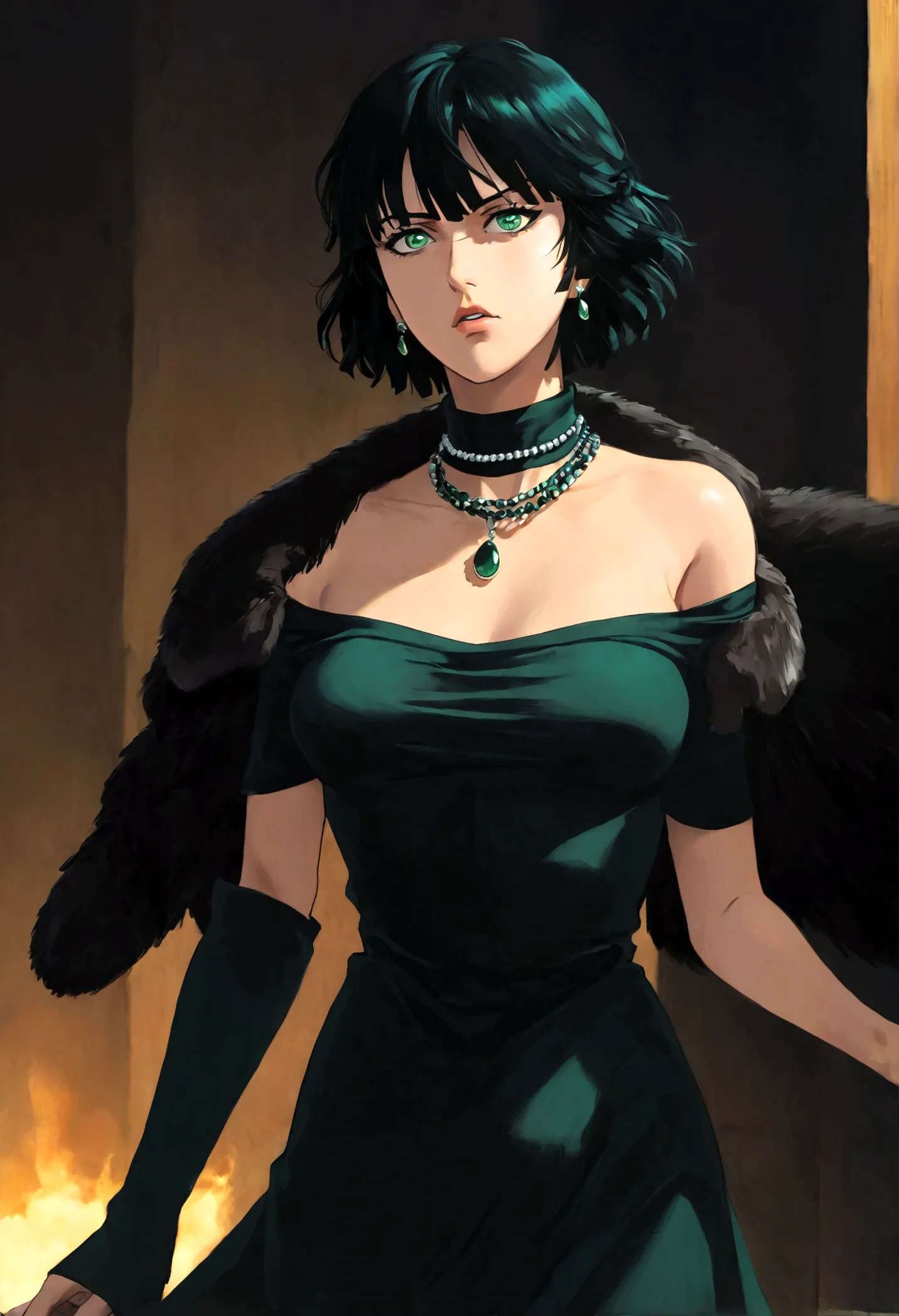 1girl, fubuki, black hair, green eyes, short hair, black dress, fur coat, high collar, jewelry, necklace, off shoulder, taut clo...