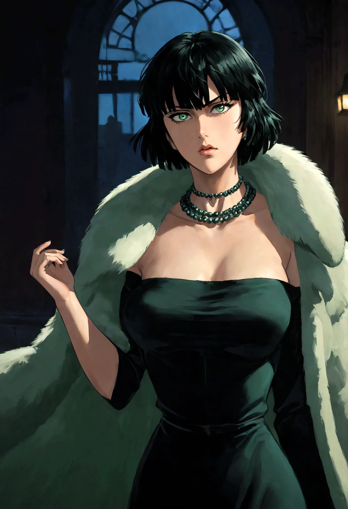 1girl, fubuki, black hair, green eyes, short hair, black dress, fur coat, high collar, jewelry, necklace, off shoulder, taut clo...