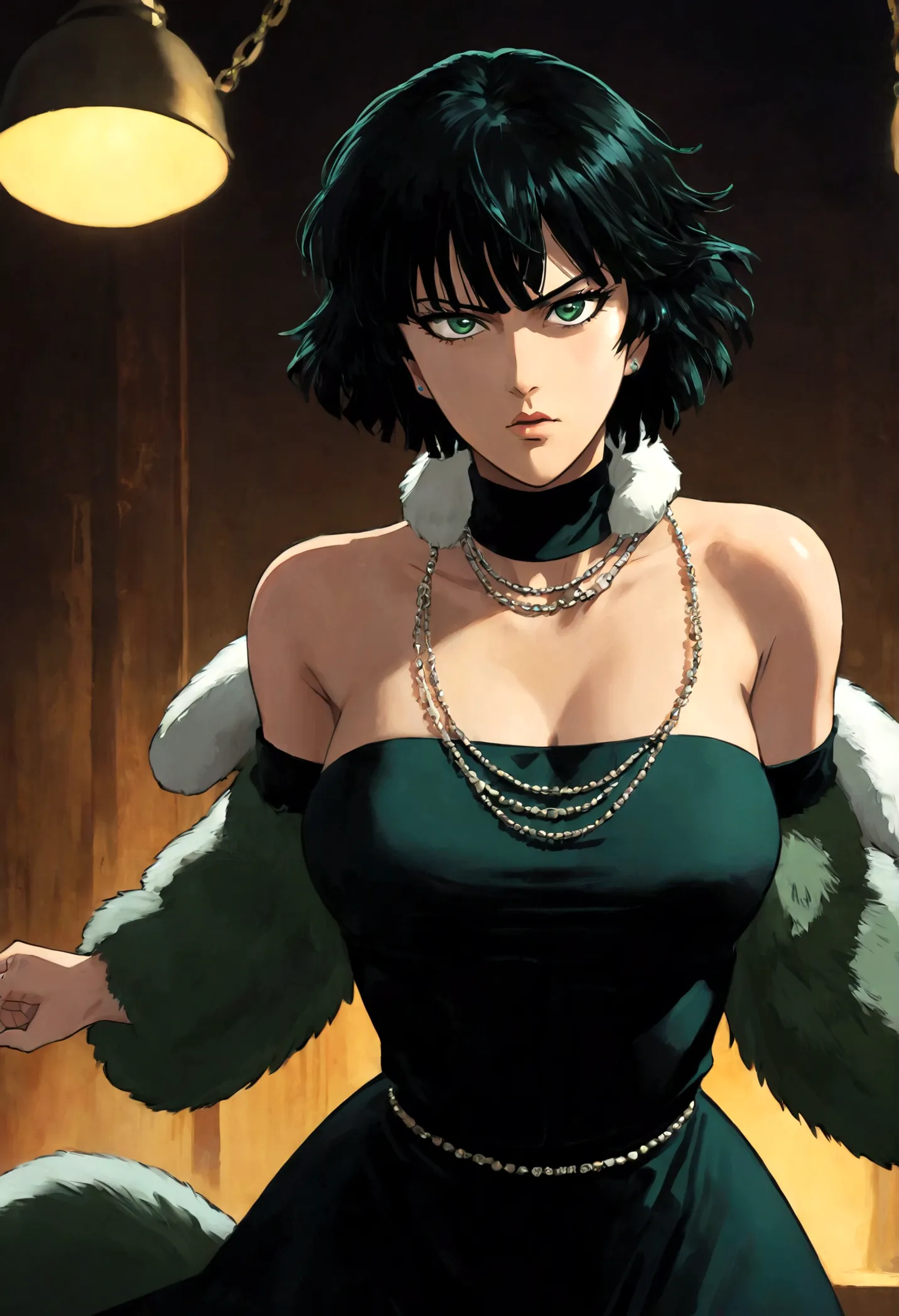 1girl, fubuki, black hair, green eyes, short hair, black dress, fur coat, high collar, jewelry, necklace, off shoulder, taut clo...