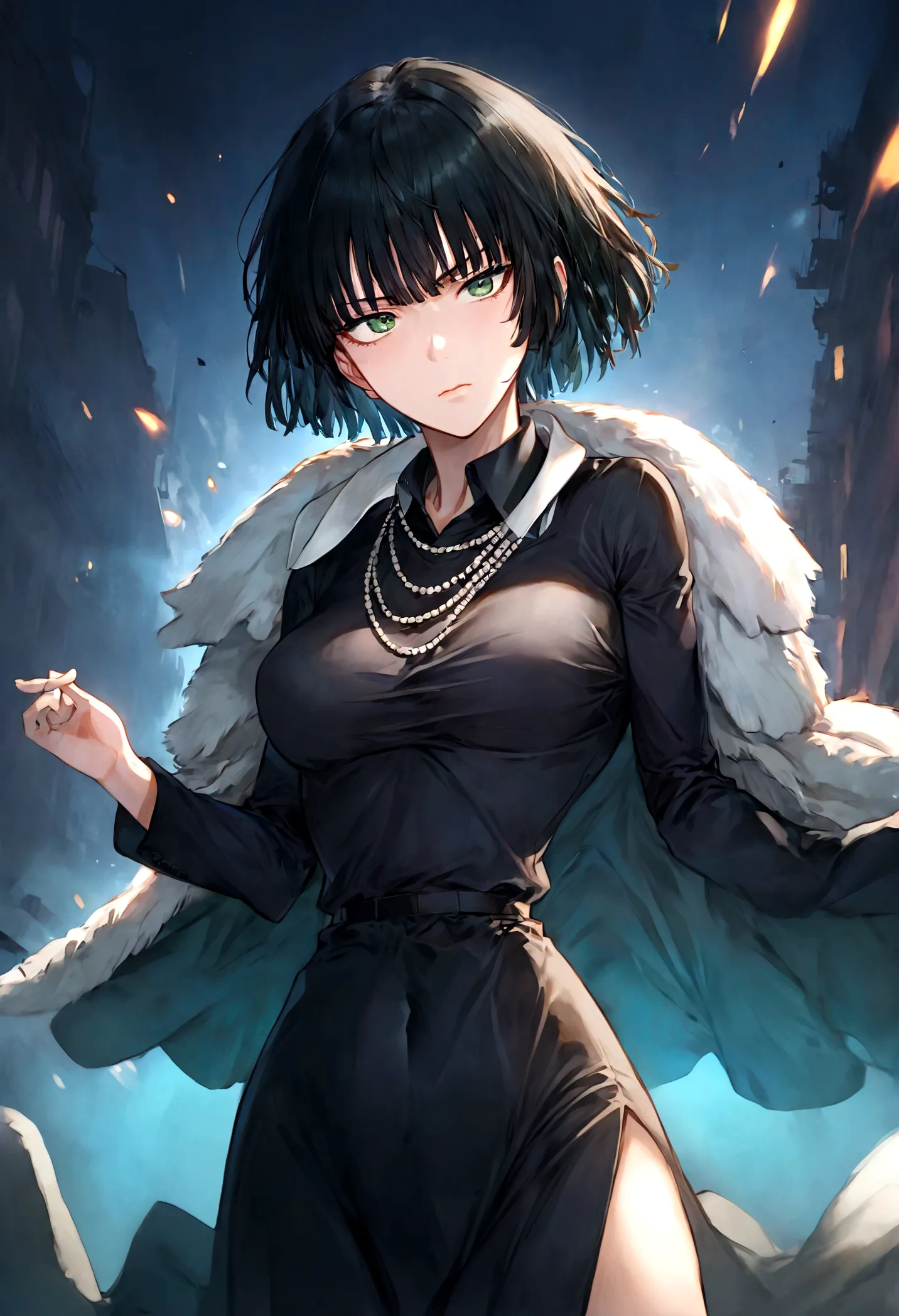 1girl, fubuki, black hair, green eyes, short hair, black dress, fur coat, high collar, jewelry, necklace, off shoulder, taut clo...