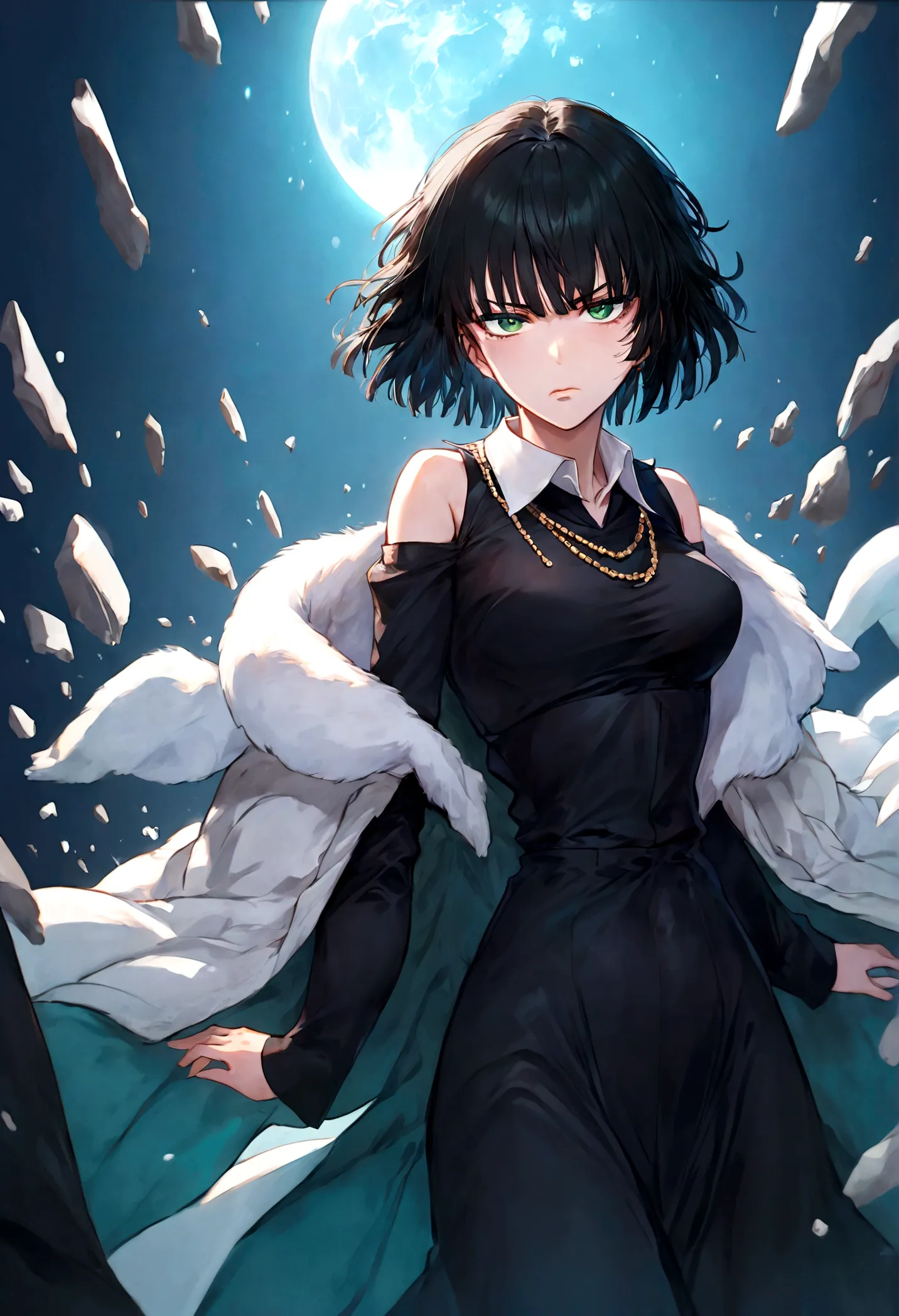 1girl, fubuki, black hair, green eyes, short hair, black dress, fur coat, high collar, jewelry, necklace, off shoulder, taut clo...