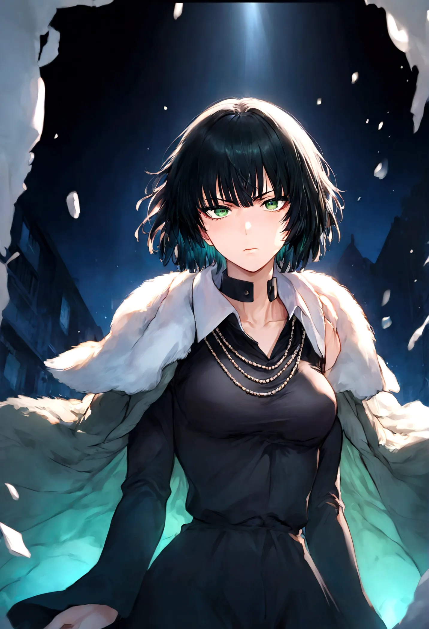 1girl, fubuki, black hair, green eyes, short hair, black dress, fur coat, high collar, jewelry, necklace, off shoulder, taut clo...