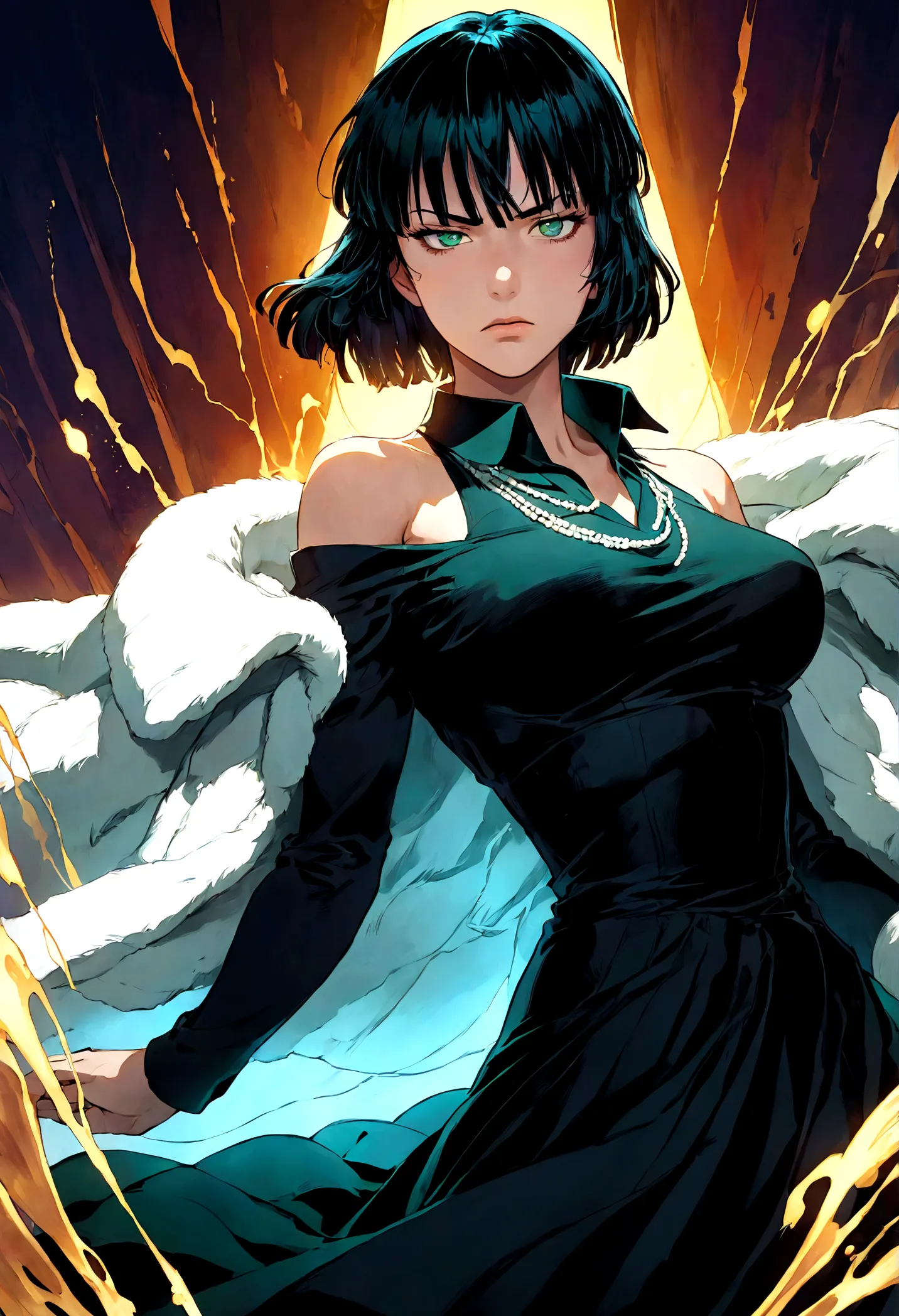 1girl, fubuki, black hair, green eyes, short hair, black dress, fur coat, high collar, jewelry, necklace, off shoulder, taut clo...