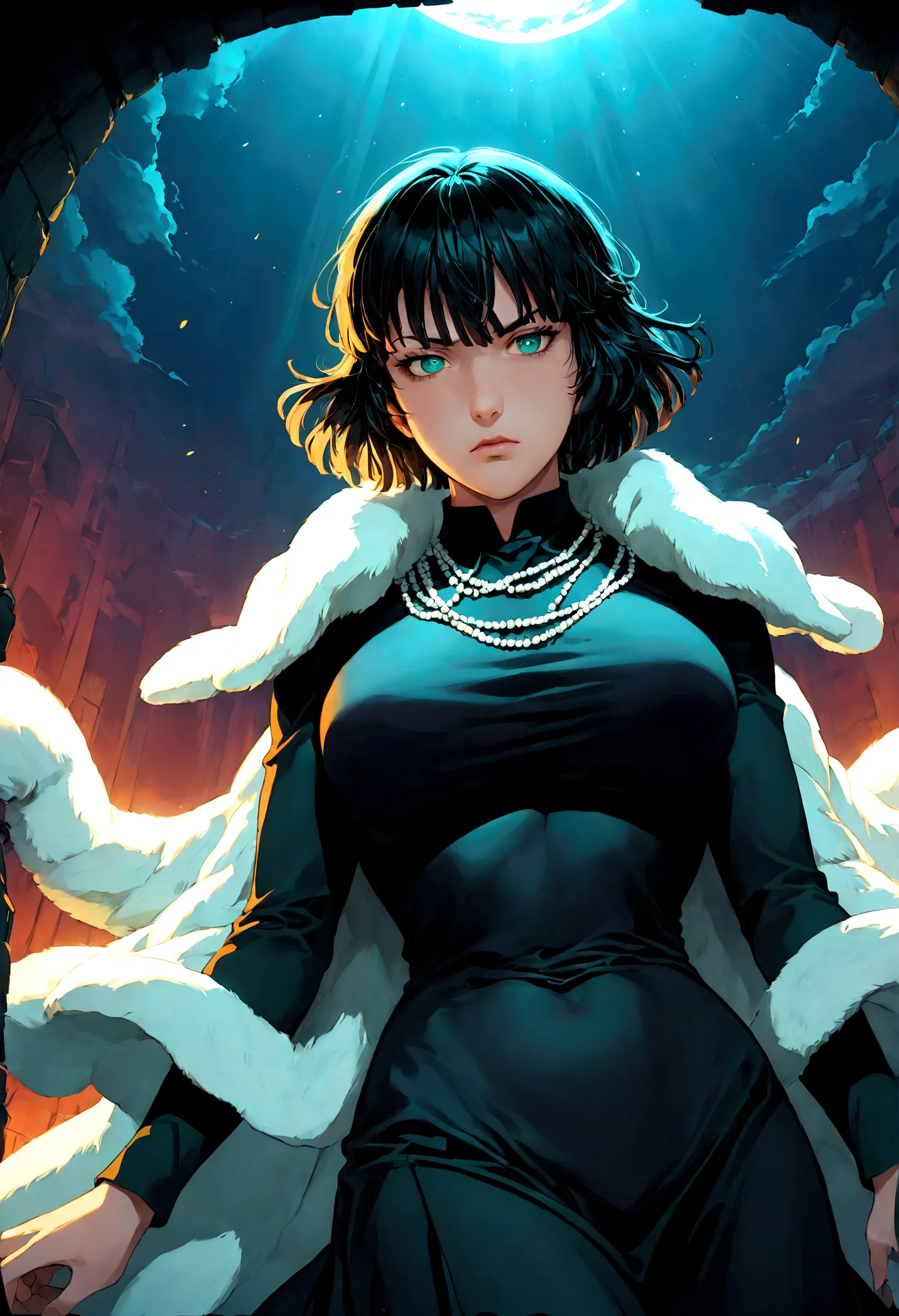 1girl, fubuki, black hair, green eyes, short hair, black dress, fur coat, high collar, jewelry, necklace, off shoulder, taut clo...