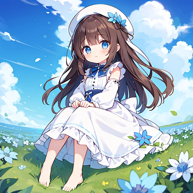 1 girl, white frill dress, blue flower field, sunlight, blue sky, summer, white beret, brown hair, blue eyes, princess long hair, short height, she sits barefoot on flowers,