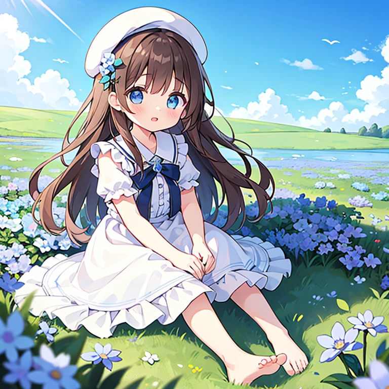 1 girl, white frill dress, blue flower field, sunlight, blue sky, summer, white beret, brown hair, blue eyes, princess long hair, short height, she sits barefoot on flowers,