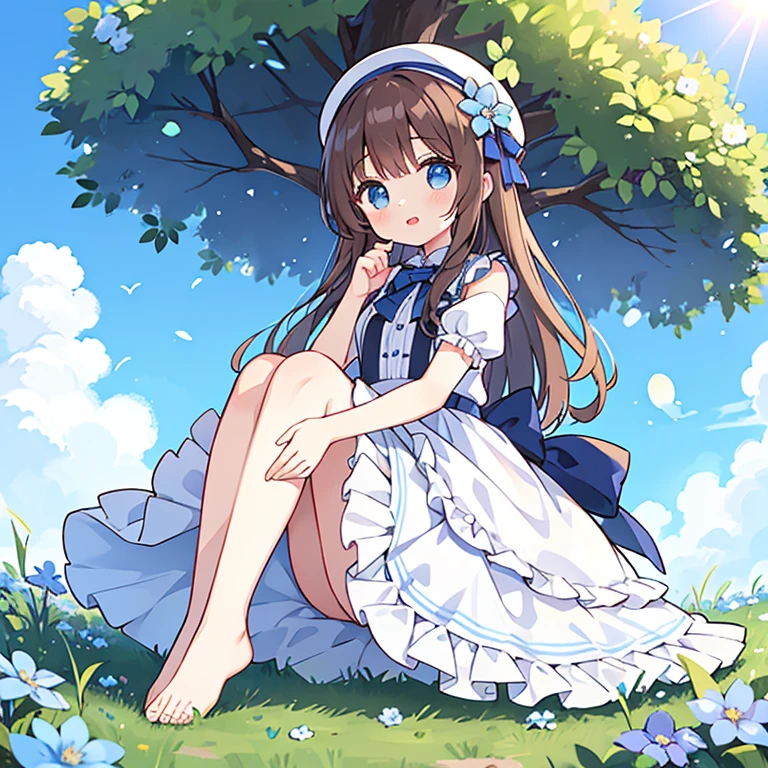 1 girl, white frill dress, blue flower field, sunlight, blue sky, summer, white beret, brown hair, blue eyes, princess long hair, short height, she sits barefoot on flowers,