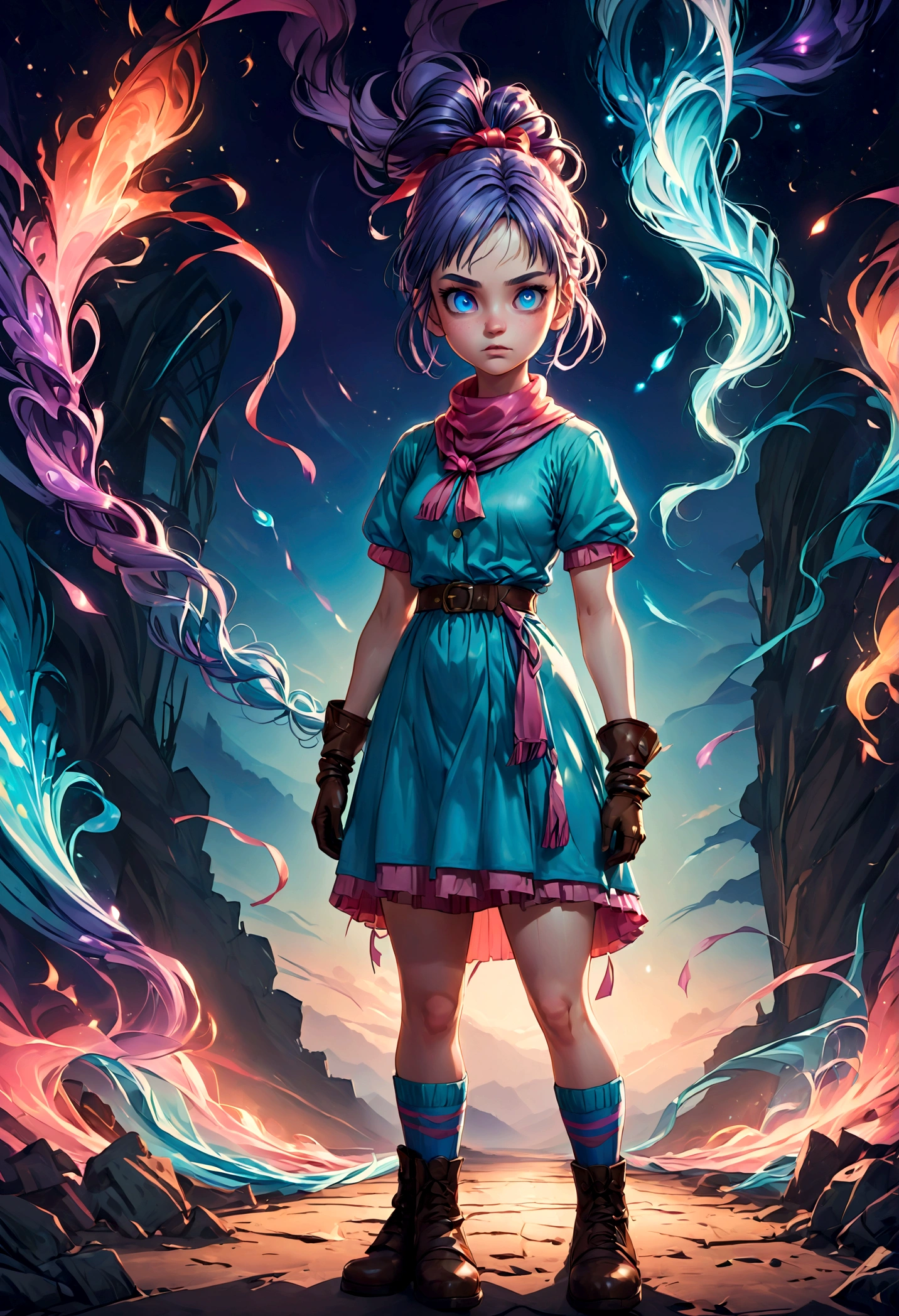 1 chica, Bulma, blue eyes, pelo azul, ankle botas, ankle medias, cinturón, calzado azul, botas, pulsera, trenza, trenzaed ponytail, brown cinturón, brown guantes, vestido, guantes, hair cinta, joyas, loose medias, flequillo partido, pink vestido, purple bufanda, purple medias, red cinta, cinta, bufanda, zapatos, short vestido, mangas cortas, guante único, zapatillas, medias, ropa de rayas verticales, vertical-striped vestido, (cara de disgusto), mirando al espectador, desprecio, sombreado, fruncir el ceño, composición dramática, escena de acción dinámica cinematográfica, Colores vibrantes, iluminación cinematográfica, iluminación dramática, mejor calidad, obra maestra, muy estetico, composición perfecta, detalles intrincados, ultra detallado