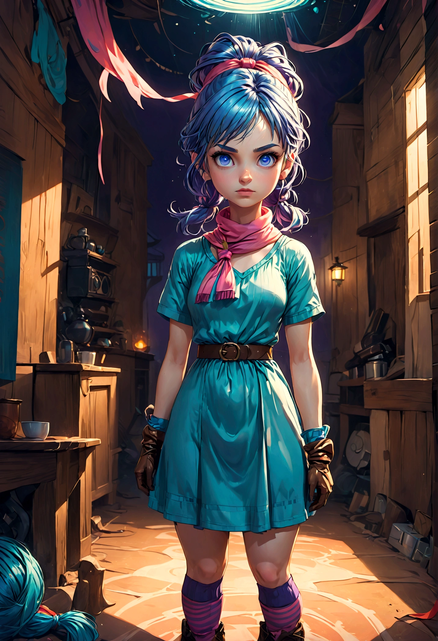 1girl, bulma, blue eyes, blue hair, ankle boots, ankle socks, belt, blue footwear, boots, bracelet, braid, braided ponytail, brown belt, brown gloves, dress, gloves, hair ribbon, jewelry, loose socks, parted bangs, pink dress, purple scarf, purple socks, red ribbon, ribbon, scarf, shoes, short dress, short sleeves, single glove, sneakers, socks, vertical-striped clothes, vertical-striped dress, (Disgusted face), looking at viewer, contempt, shaded, frown, dramatic composition, cinematic dynamic action scene, vibrant colors, cinematic lighting, dramatic lighting, best quality, masterpiece, very aesthetic, perfect composition, intricate details, ultra-detailed