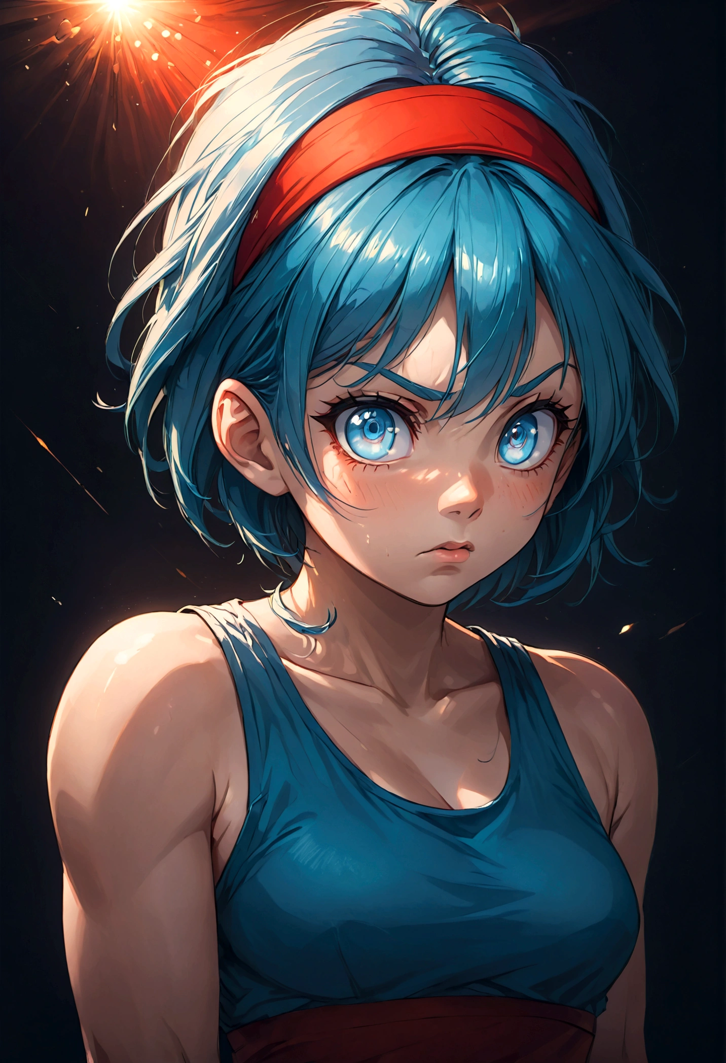 1girl, bulma, blue eyes, blue hair, crop top, headband, red headband, short hair, tank top, (Disgusted face), looking at viewer, contempt, shaded, frown, dramatic composition, cinematic dynamic action scene, vibrant colors, cinematic lighting, dramatic lighting, best quality, masterpiece, very aesthetic, perfect composition, intricate details, ultra-detailed