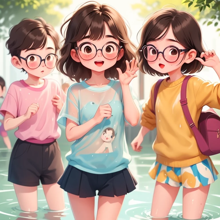 13-year-old girl，Low length，Very thin thighs，Black Hair，Glasses，He seemed fine...，Very detailed，(((The kids))) ，Very low length，Thin thighs，Brown Hair, a bit:1.2, Brown eyes, bangs, short hair, whole body, bangs, blush，Fountain Square pond in early summer，soaked through, See-through clothing，Soaking wet，Laughing happily，lot of splash of water，Water Drop，Water Play，Sweat，Drenched，The kids in the background，Jojo Fashion，Bruises and gestures，