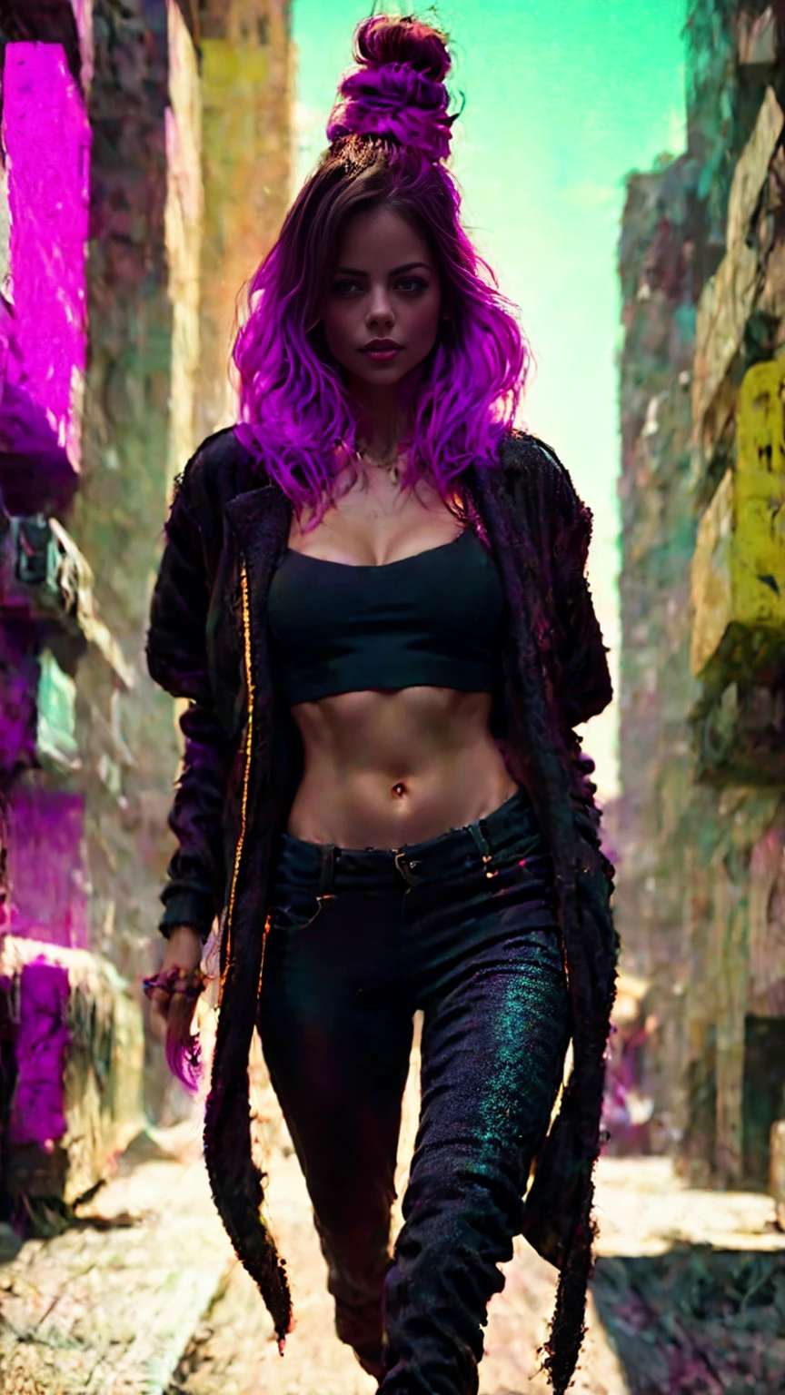 Eine Nahaufnahme von Kristin Kreuk in einem Neonanzug, Cyberpunk-Atmosphäre, cyberpunk with neon lights, Luz cyberpunk brillante, geduckt,Cyberpunk-Vibes, cyberpunk lighting, Cyberpunk-Stil, neon cyberpunk style, en el estilo cyberpunk, mira ciberpunk, cyberpunk dreamy girl, Foto Ciberpunk, neon cyberpunk, cyberpunk aesthetic, ropa de calle ciberpunk, cyberpunk aesthetic, Cyberpunk art style, Portero del streetwear cyberpunk,Du weisst, perfekte Finger,Neon-Haarfarbe, Detailtextur, Haardetail,Lange neonschwarze Hose, schönes Gesicht,welliges Fell,Detaillierte neonschwarze Schuhe.,