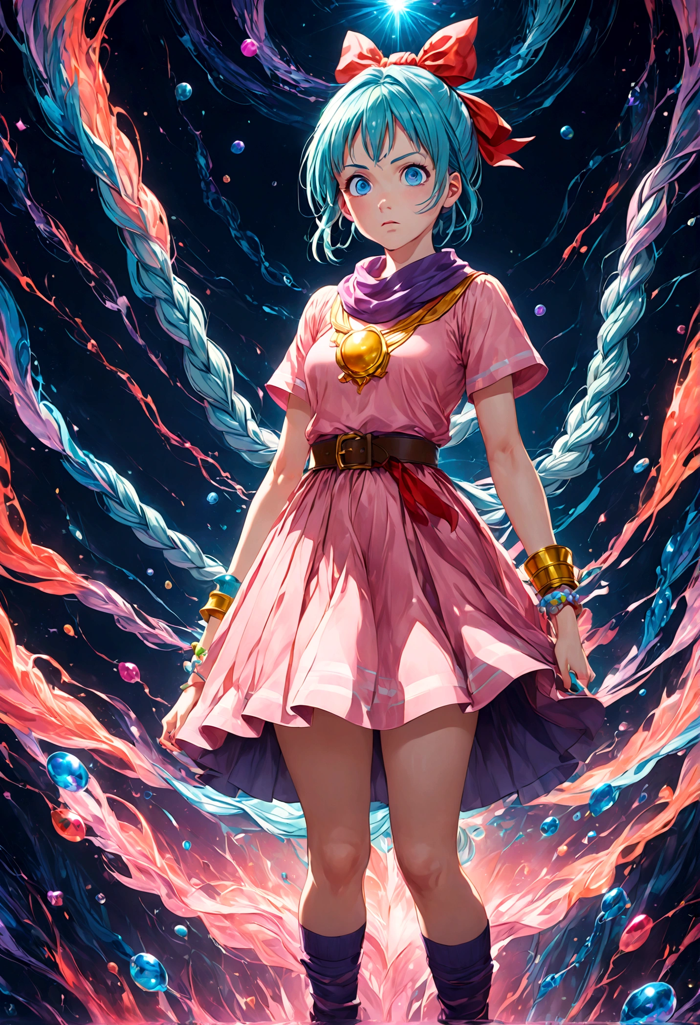 1girl, bulma, blue eyes, blue hair, ankle boots, ankle socks, belt, blue footwear, boots, bracelet, braid, braided ponytail, brown belt, brown gloves, dress, gloves, hair ribbon, jewelry, loose socks, parted bangs, pink dress, purple scarf, purple socks, red ribbon, ribbon, scarf, shoes, short dress, short sleeves, single glove, sneakers, socks, vertical-striped clothes, vertical-striped dress, (Disgusted face), looking at viewer, contempt, shaded, frown, dramatic composition, cinematic dynamic action scene, vibrant colors, cinematic lighting, dramatic lighting, best quality, masterpiece, very aesthetic, perfect composition, intricate details, ultra-detailed