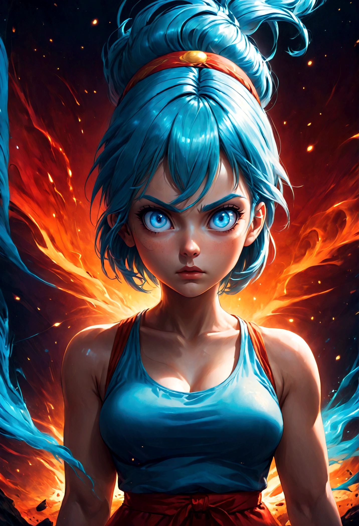 1girl, bulma, blue eyes, blue hair, crop top, headband, red headband, short hair, tank top, (Disgusted face), looking at viewer, contempt, shaded, frown, dramatic composition, cinematic dynamic action scene, vibrant colors, cinematic lighting, dramatic lighting, best quality, masterpiece, very aesthetic, perfect composition, intricate details, ultra-detailed