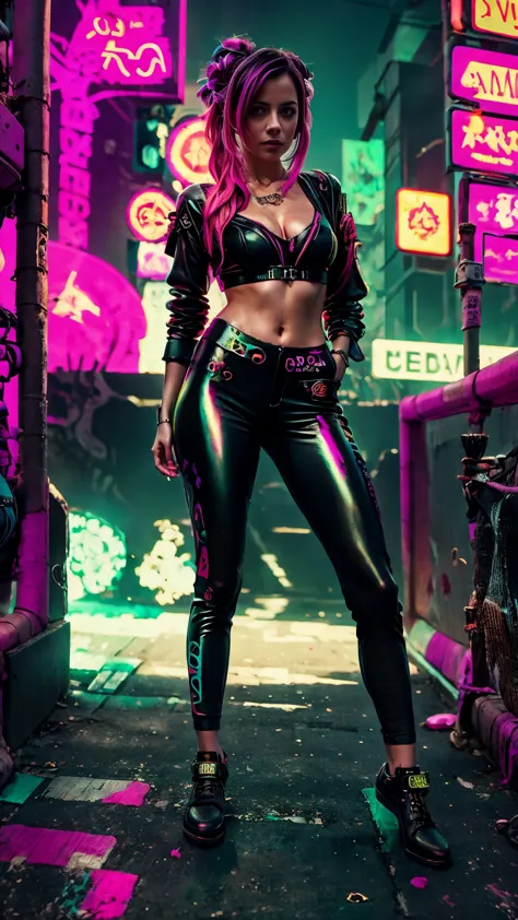 A closeup of Kristin Kreuk in a neon suit, Ambiente ciberpunk, cyberpunk with neon lights, Luz cyberpunk brillante, agachada,Vib...