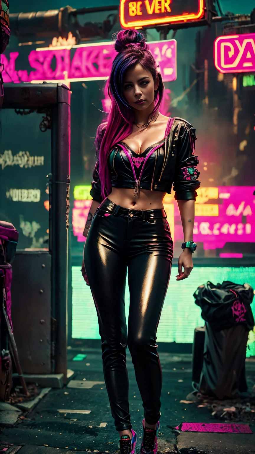Eine Nahaufnahme von Kristin Kreuk in einem Neonanzug, Cyberpunk-Atmosphäre, cyberpunk with neon lights, Luz cyberpunk brillante, geduckt,Cyberpunk-Vibes, cyberpunk lighting, Cyberpunk-Stil, neon cyberpunk style, en el estilo cyberpunk, mira ciberpunk, cyberpunk dreamy girl, Foto Ciberpunk, neon cyberpunk, cyberpunk aesthetic, ropa de calle ciberpunk, cyberpunk aesthetic, Cyberpunk art style, Portero del streetwear cyberpunk,Du weisst, perfekte Finger,Neon-Haarfarbe, Detailtextur, Haardetail,Lange neonschwarze Hose, schönes Gesicht,welliges Fell,Detaillierte neonschwarze Schuhe.,